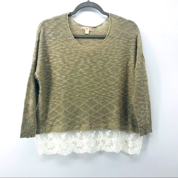 Knit Tan White Lace Hem Knit Pullover Crew Neck Sweater Top Size XS - Picture 2 of 11